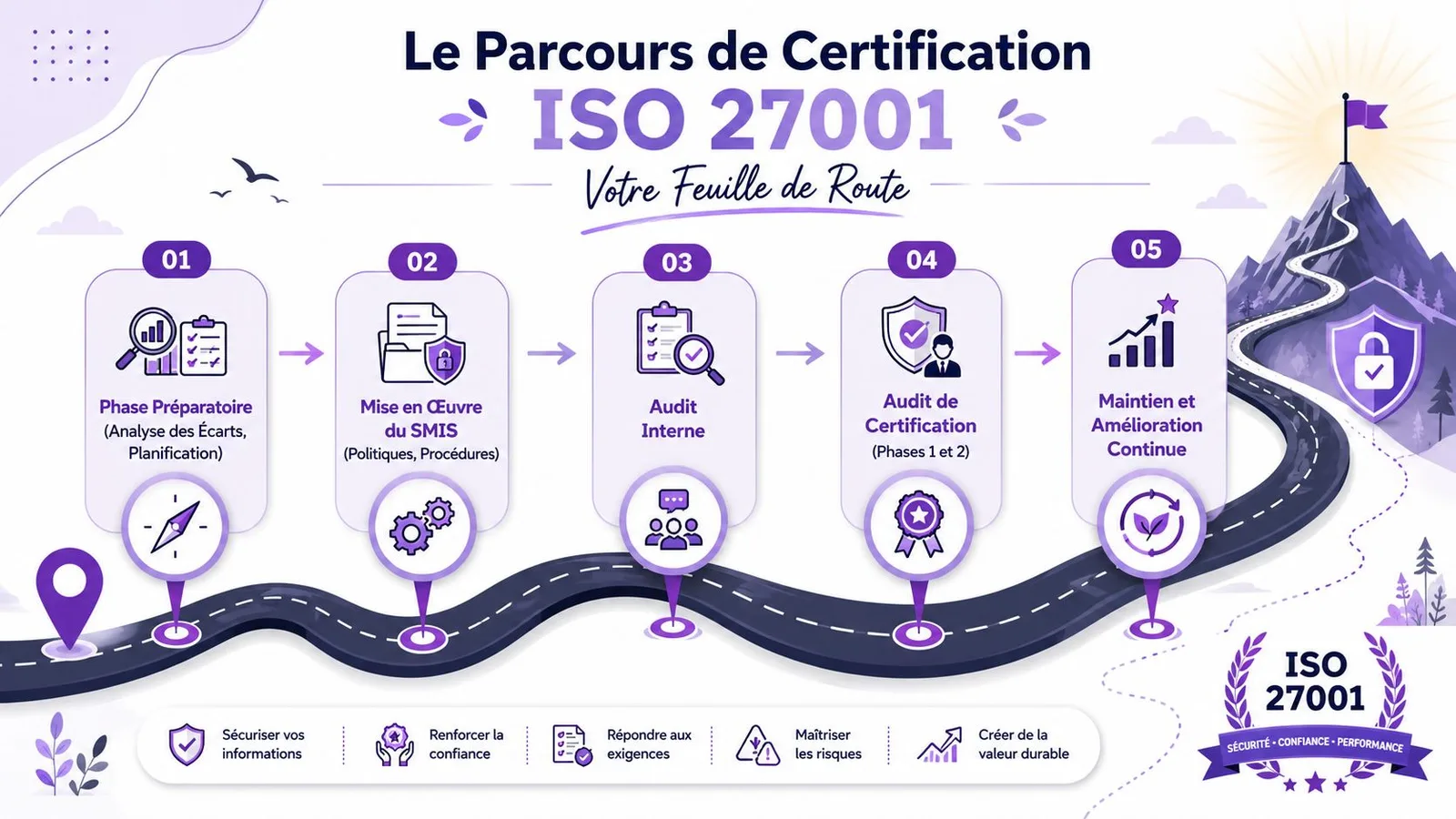 Infographie détaillant les cinq étapes du processus de certification ISO 27001, de la préparation à l'amélioration continue.