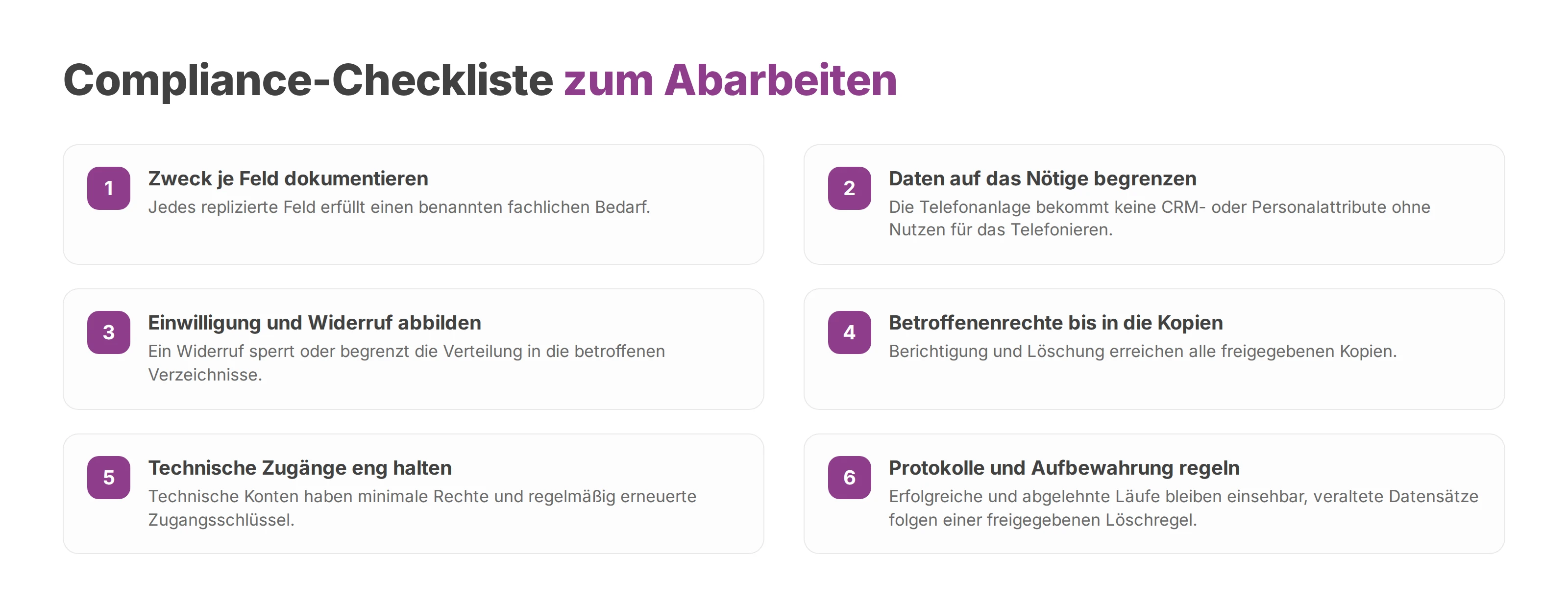 Checkliste für Zweck, Datenminimierung, Einwilligung, Zugänge und Aufbewahrung