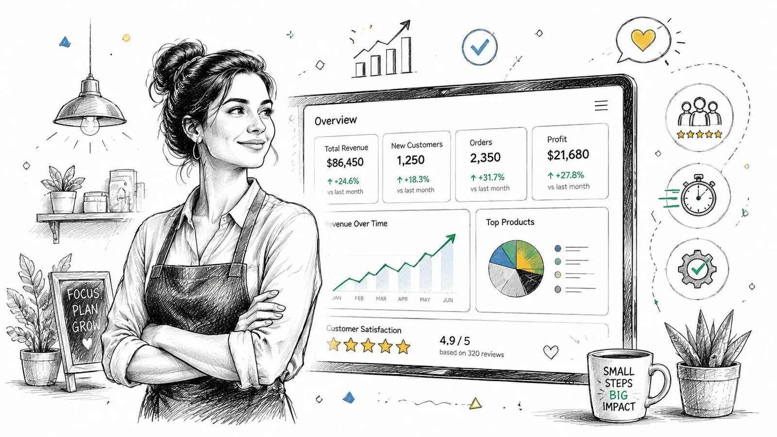 Une entrepreneuse souriante regardant un tableau de bord numérique affichant des statistiques de performance commerciale.