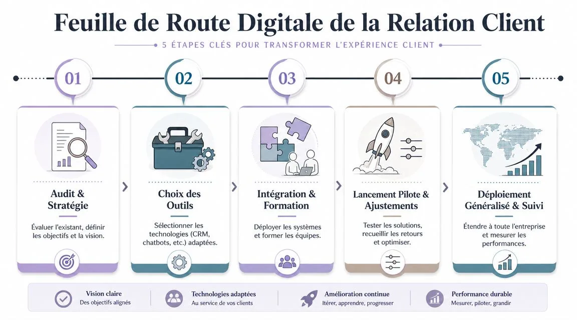 Une infographie illustrant les 5 étapes clés de la digitalisation de la relation client en entreprise.
