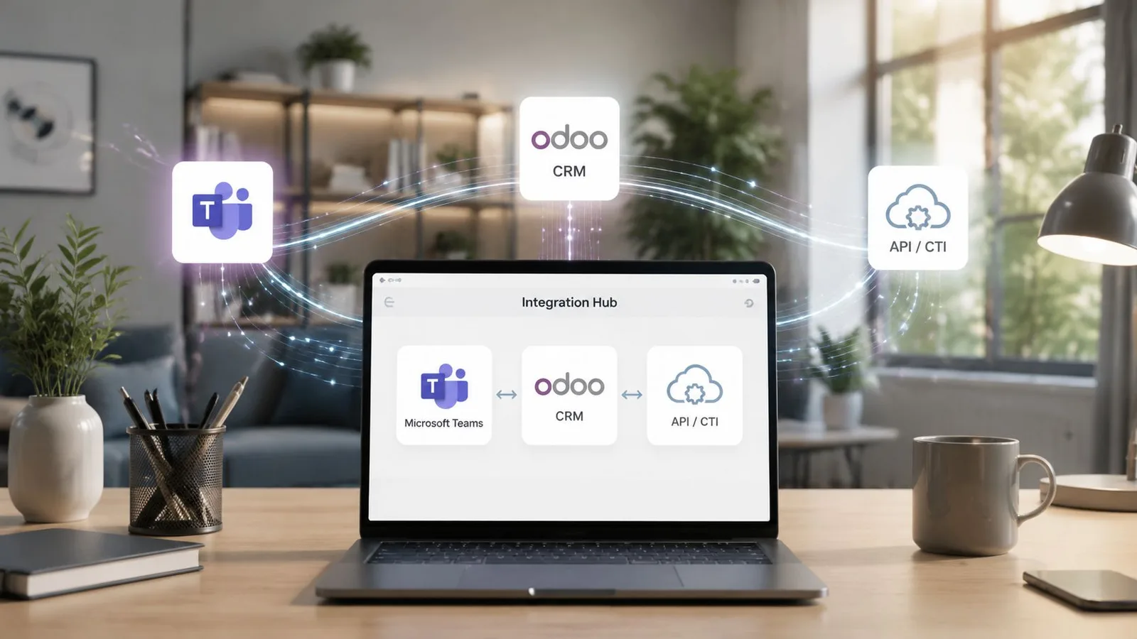 Un ordinateur portable affichant une interface d'intégration logicielle connectant Microsoft Teams, Odoo CRM et les API de téléphonie.