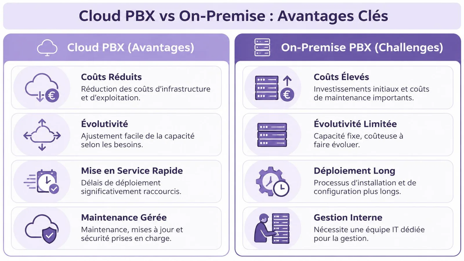 Comparatif des avantages du Cloud PBX face aux défis techniques et financiers de l'On-Premise PBX.