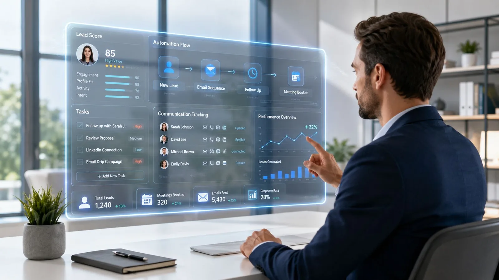 Un homme d'affaires interagissant avec un tableau de bord numérique holographique pour la gestion de ses prospects.