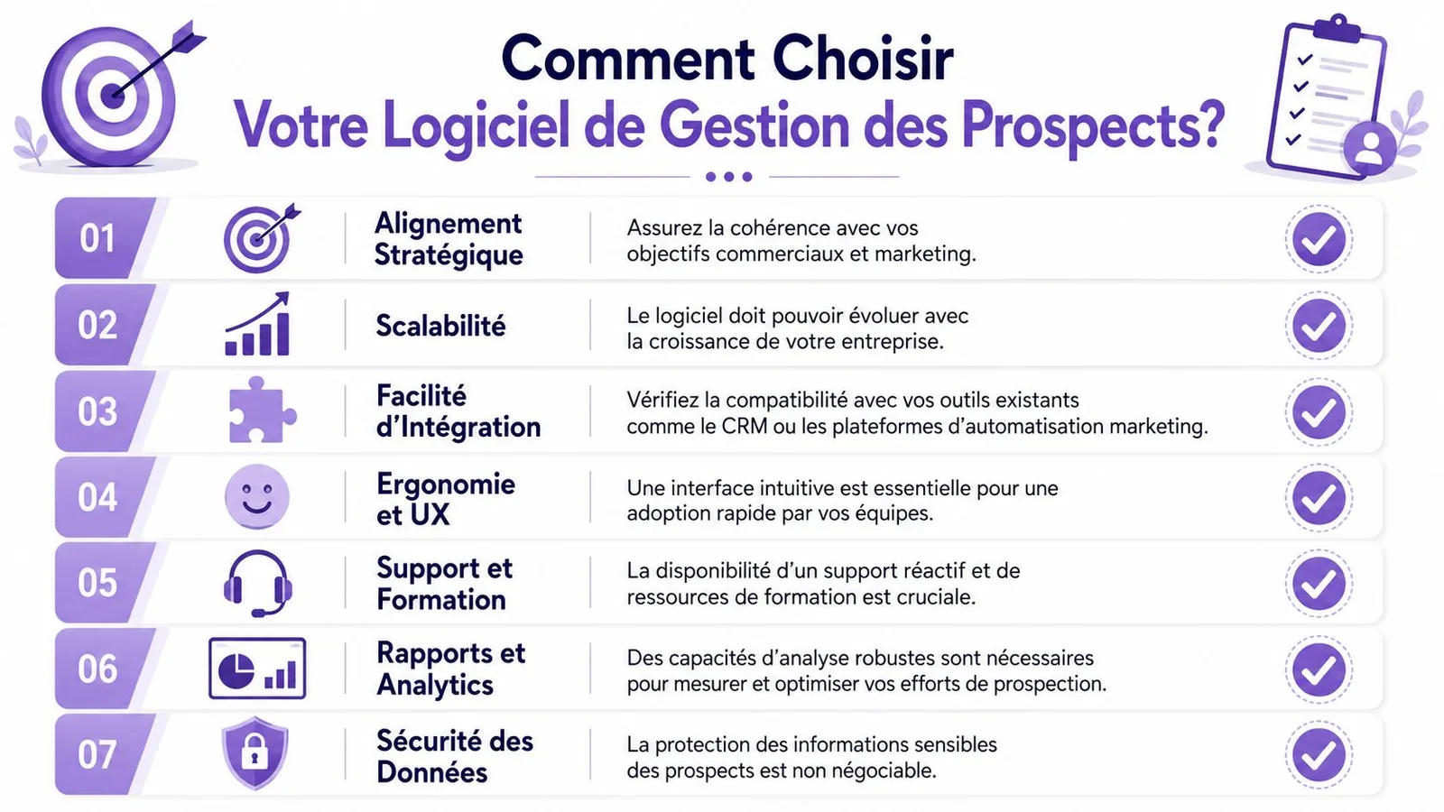 Infographie présentant sept critères essentiels pour choisir efficacement un logiciel de gestion des prospects pour votre entreprise.