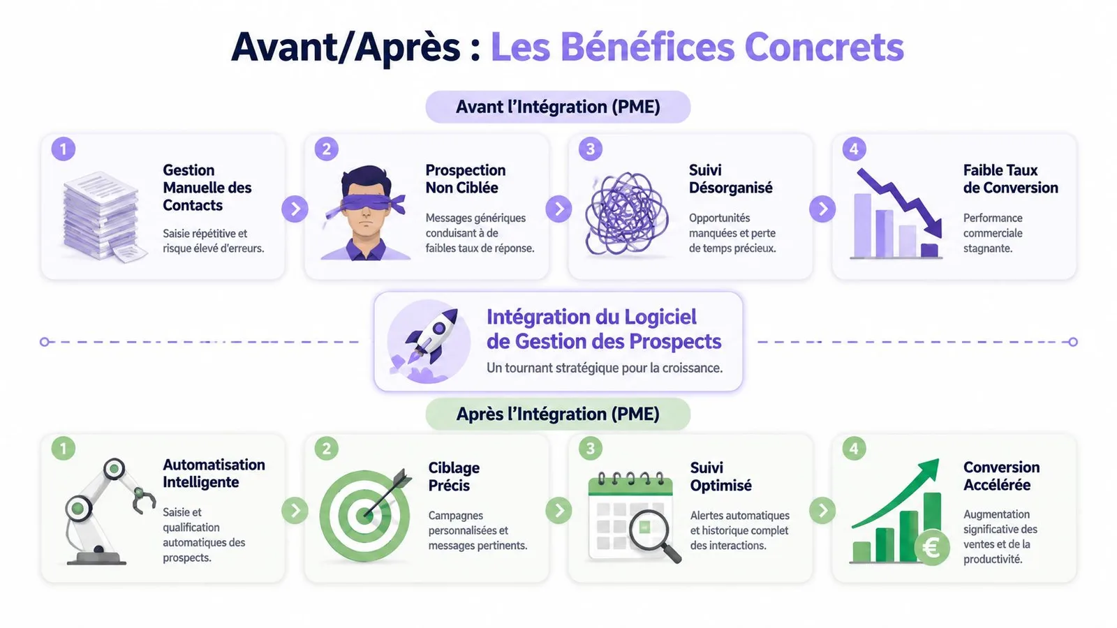 Infographie comparant les avantages de la gestion automatisée des prospects par rapport aux méthodes manuelles obsolètes pour PME.