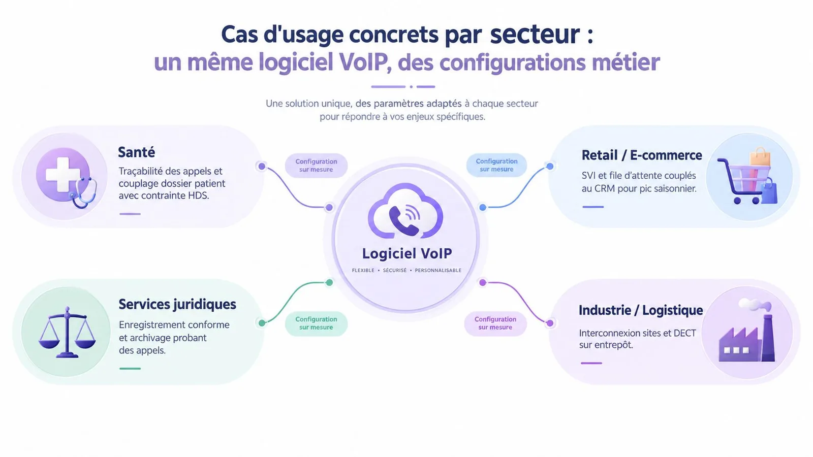 Illustration montrant les cas d'usage concrets par secteur d'un logiciel VoIP flexible, sécurisé et personnalisable pour les entreprises.