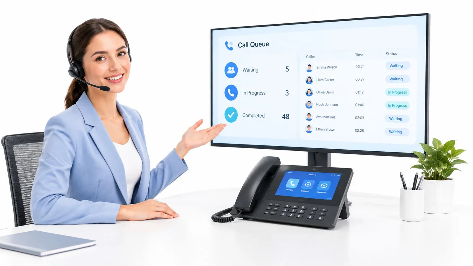 Une opératrice souriante portant un casque présente un écran affichant les statistiques de gestion d'appels en direct.