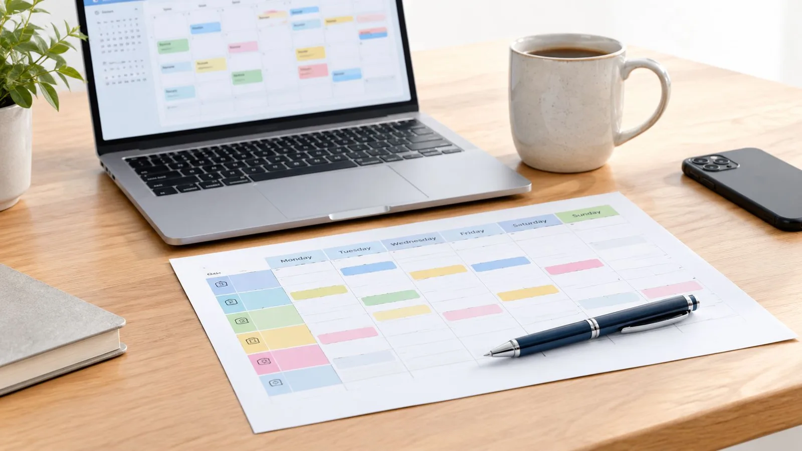 Vue aérienne d'un bureau de travail organisé avec un ordinateur portable, un calendrier hebdomadaire et un stylo.