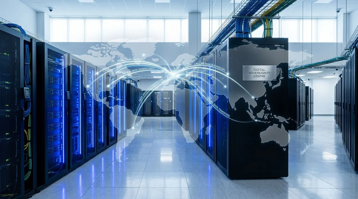 Serveurs informatiques modernes dans un centre de données avec une carte du monde numérique superposée.