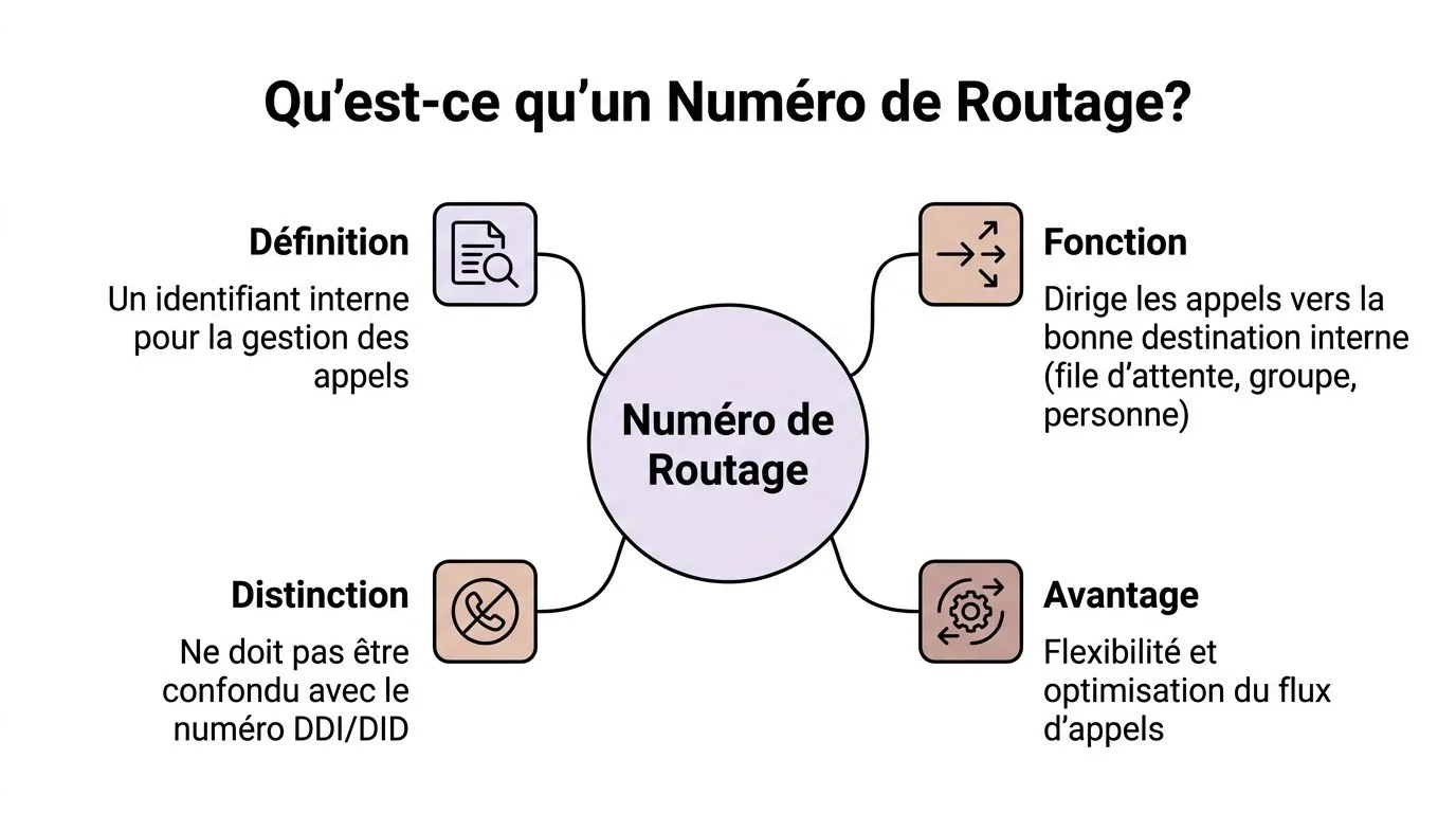 Un schéma expliquant la définition, la fonction, la distinction et les avantages du numéro de routage téléphonique.