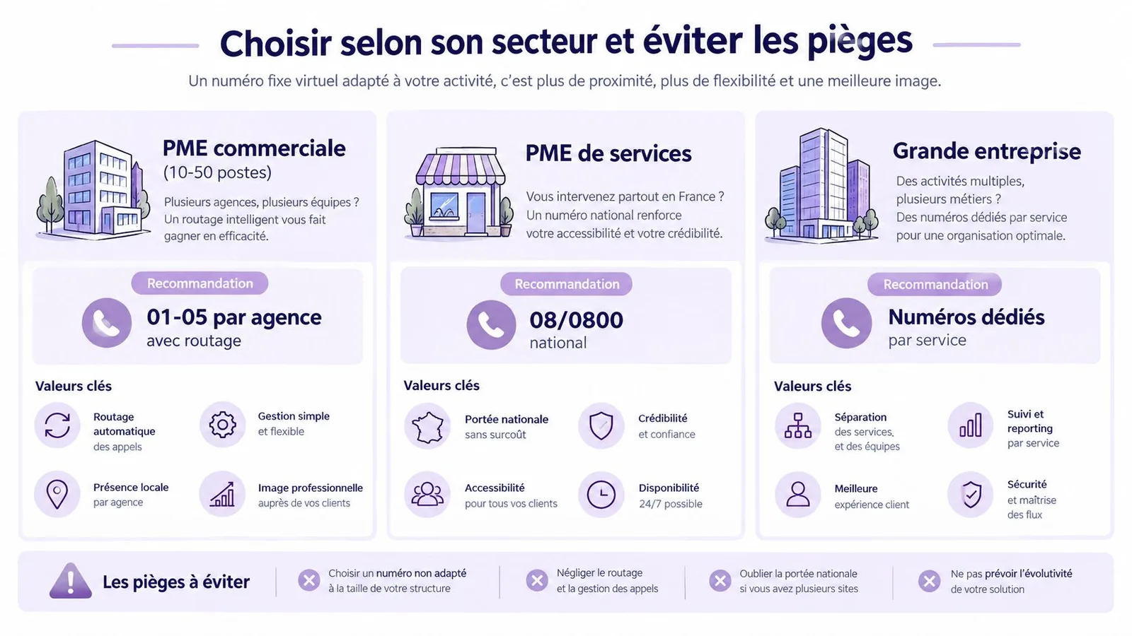 Infographie conseillant le choix d'un numéro fixe virtuel adapté à la taille et aux besoins d'une entreprise.