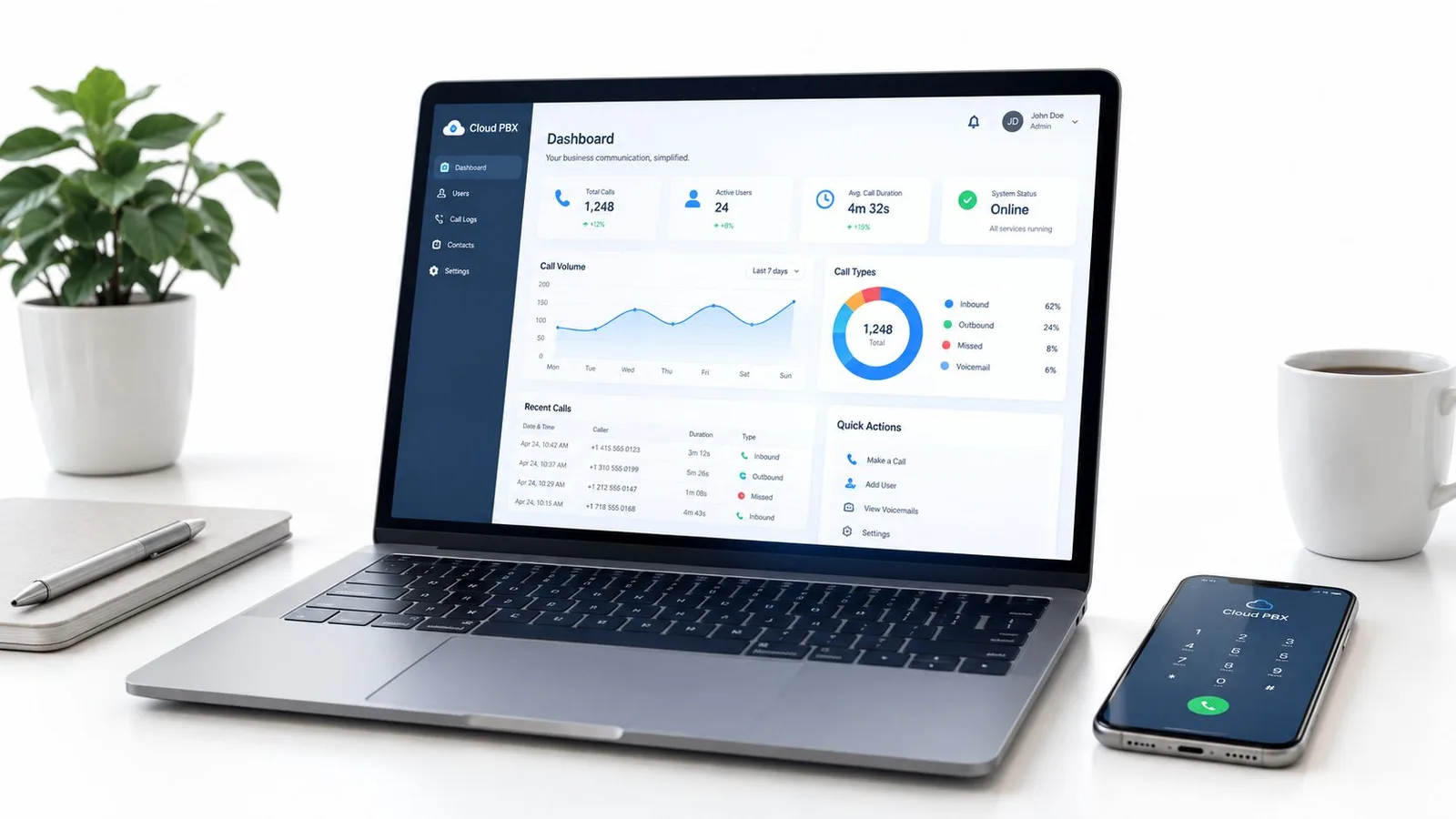Un ordinateur portable affichant un tableau de bord cloud PBX sur un bureau avec une plante et smartphone.