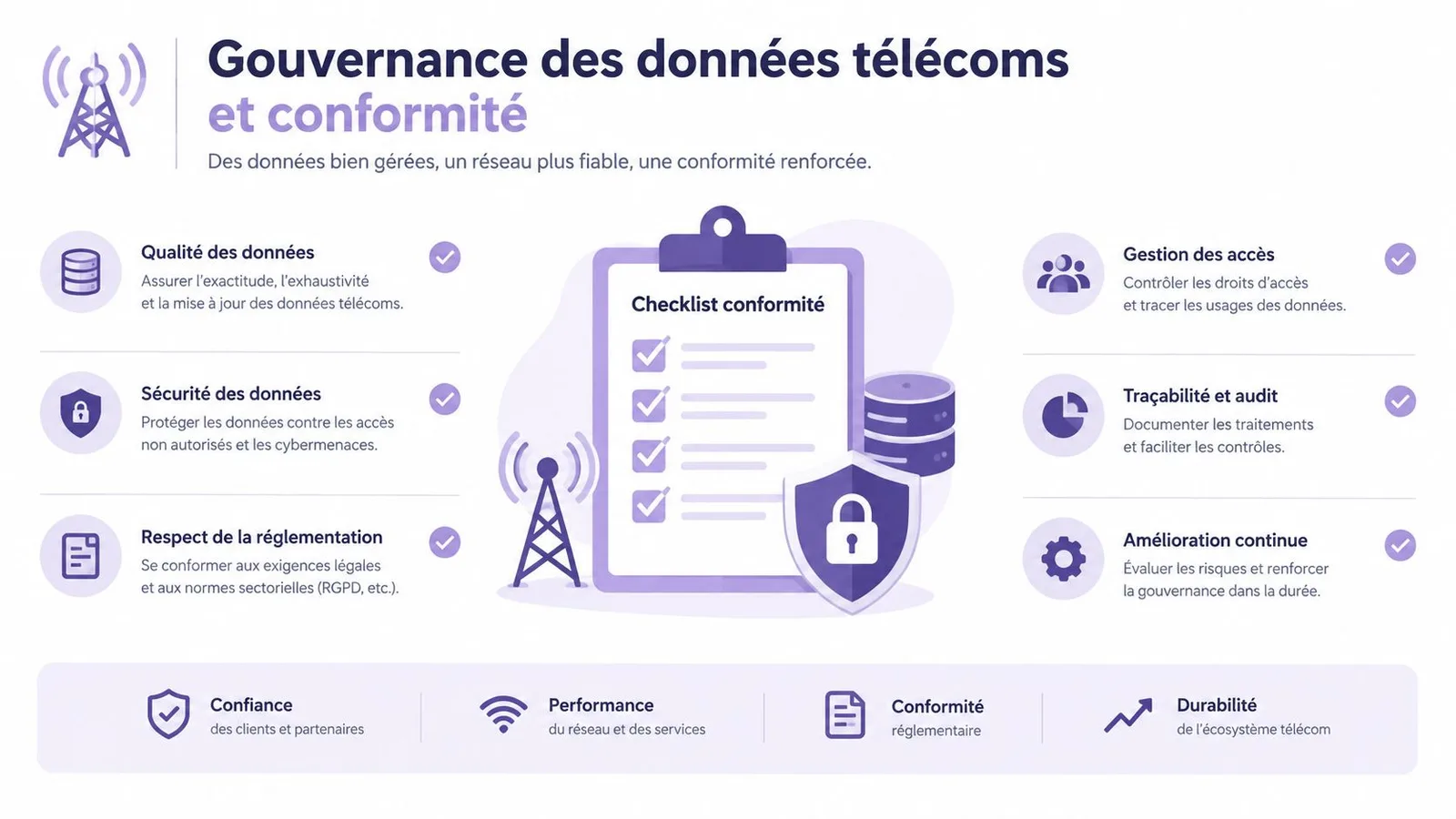 Infographie illustrant la gouvernance des données télécoms et les étapes clés pour garantir la conformité réglementaire.