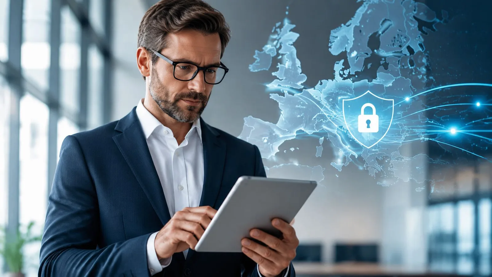 Homme d'affaires utilisant une tablette avec un hologramme de carte d'Europe et un symbole de sécurité numérique.