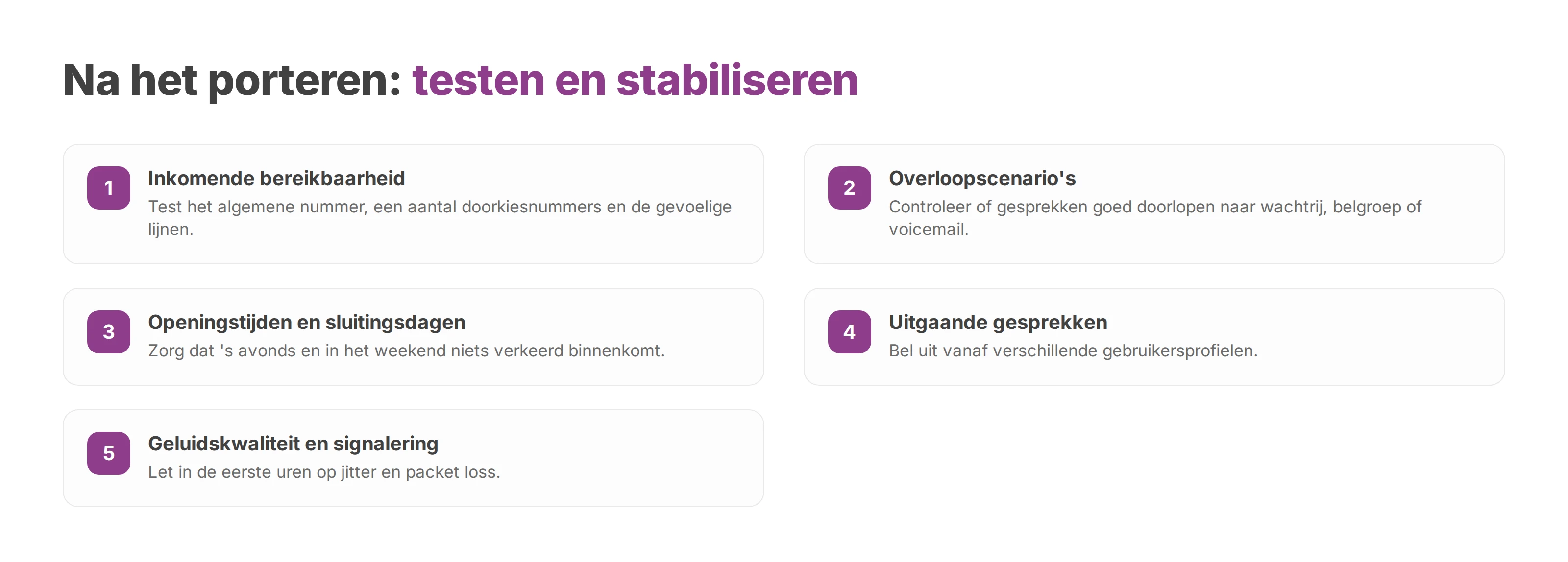 Checklist met vijf tests na het porteren, van inkomende bereikbaarheid tot geluidskwaliteit