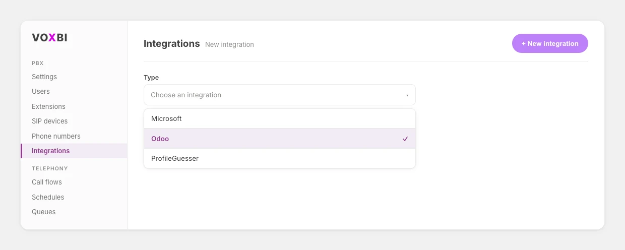 Choosing Odoo from the integration type dropdown on the new integration screen in the Voxbi Cockpit.