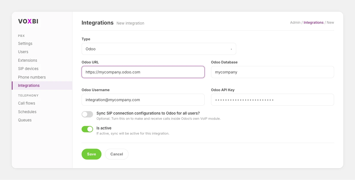 The Odoo integration configuration form in the Voxbi Cockpit, showing the Odoo URL, database, username, and API key fields filled in with the integration set to active.