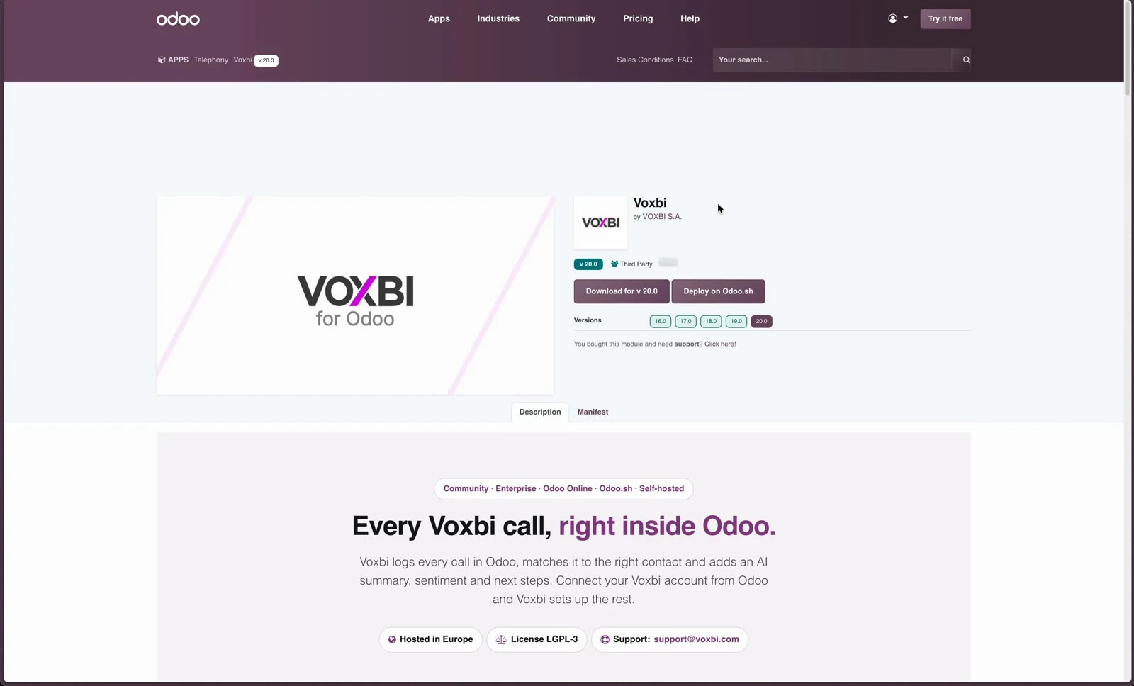 Der Voxbi-Eintrag im Odoo Apps Store mit der Schaltfläche Deploy on Odoo.sh neben der Download-Schaltfläche.
