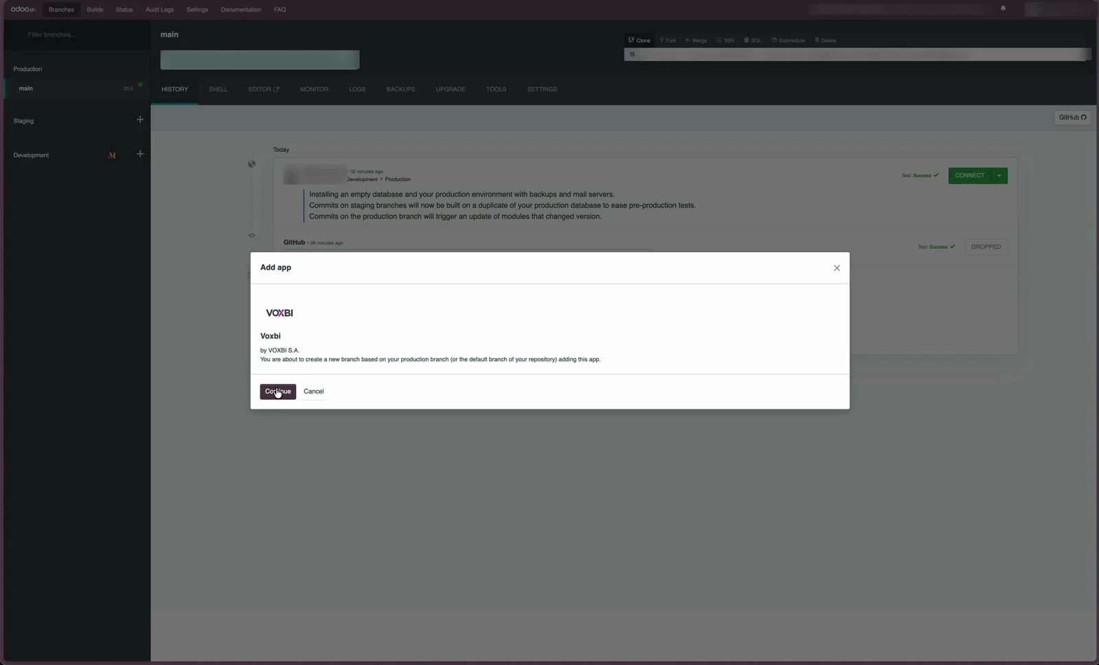 Der Dialog Add app in Odoo.sh mit dem Hinweis, dass ein neuer Branch aus der Produktion angelegt wird.
