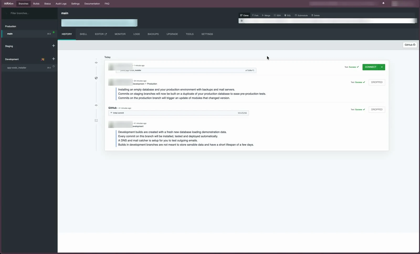 Die Historie des Produktions-Branches in Odoo.sh mit erfolgreichem Build und der Schaltfläche Connect.