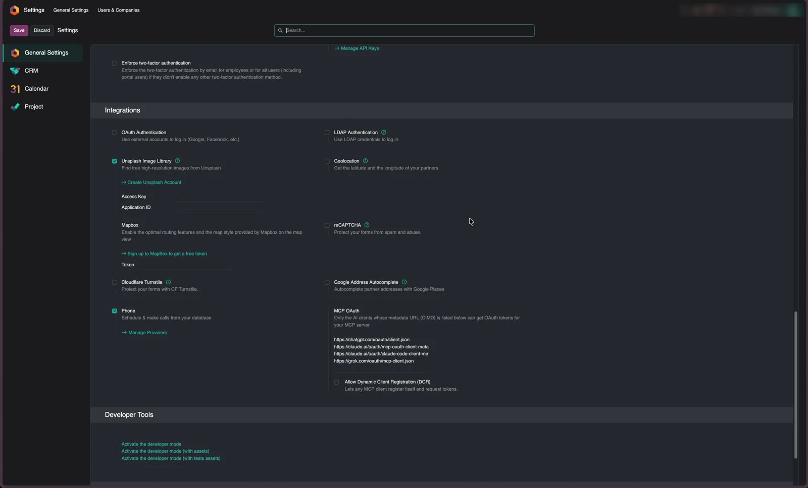 Die allgemeinen Einstellungen von Odoo mit dem Link Activate the developer mode unter Developer Tools.