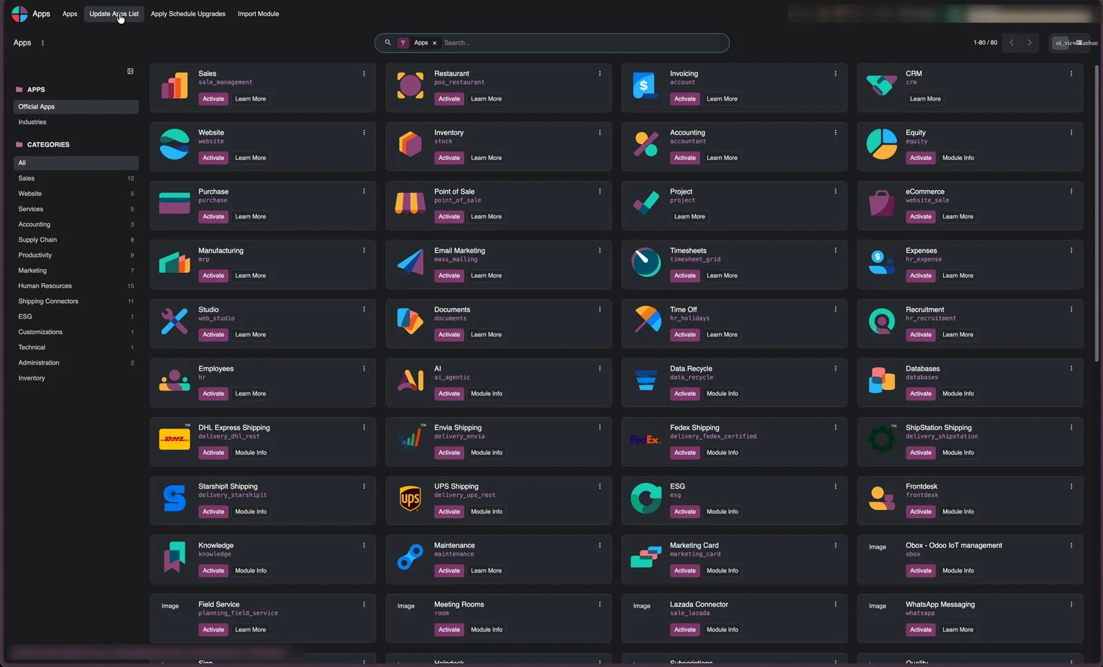 Die Menüleiste von Odoo Apps im Entwicklermodus mit Update Apps List als zweitem Eintrag.