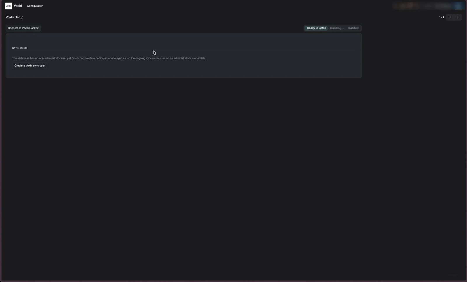 Der Bildschirm Voxbi Setup in Odoo mit der Schaltfläche Connect to Voxbi Cockpit und der Option Create a Voxbi sync user.