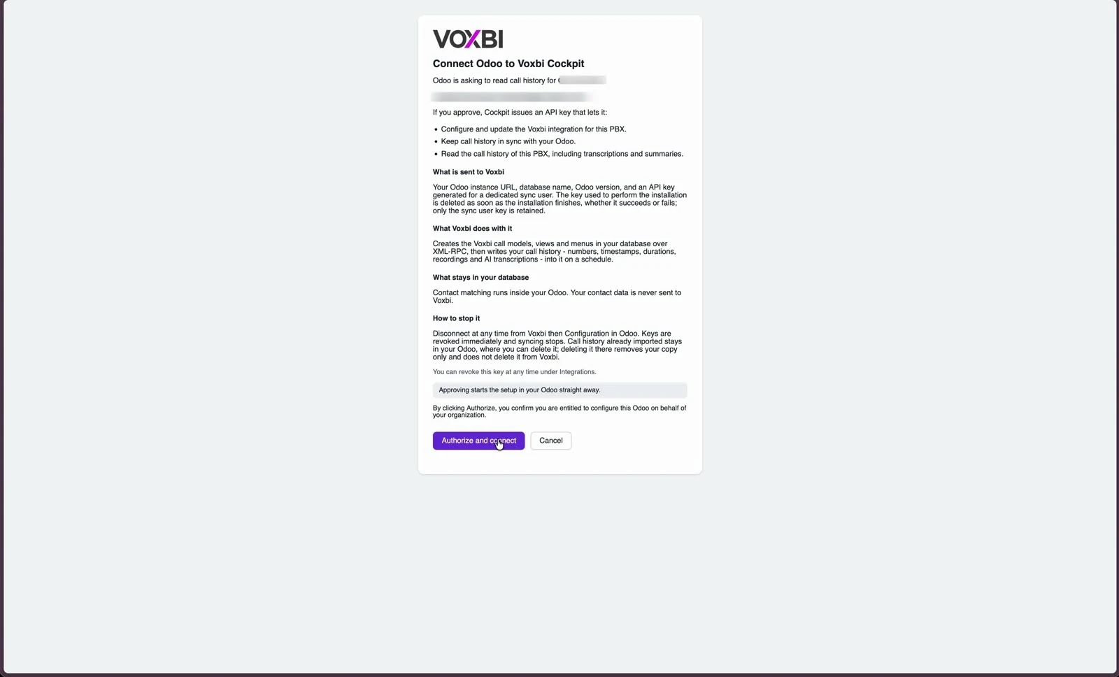 Die Autorisierungsseite im Voxbi Cockpit mit der Liste der an Voxbi gesendeten Daten, dem Weg zum Beenden und der Schaltfläche Authorize and connect.