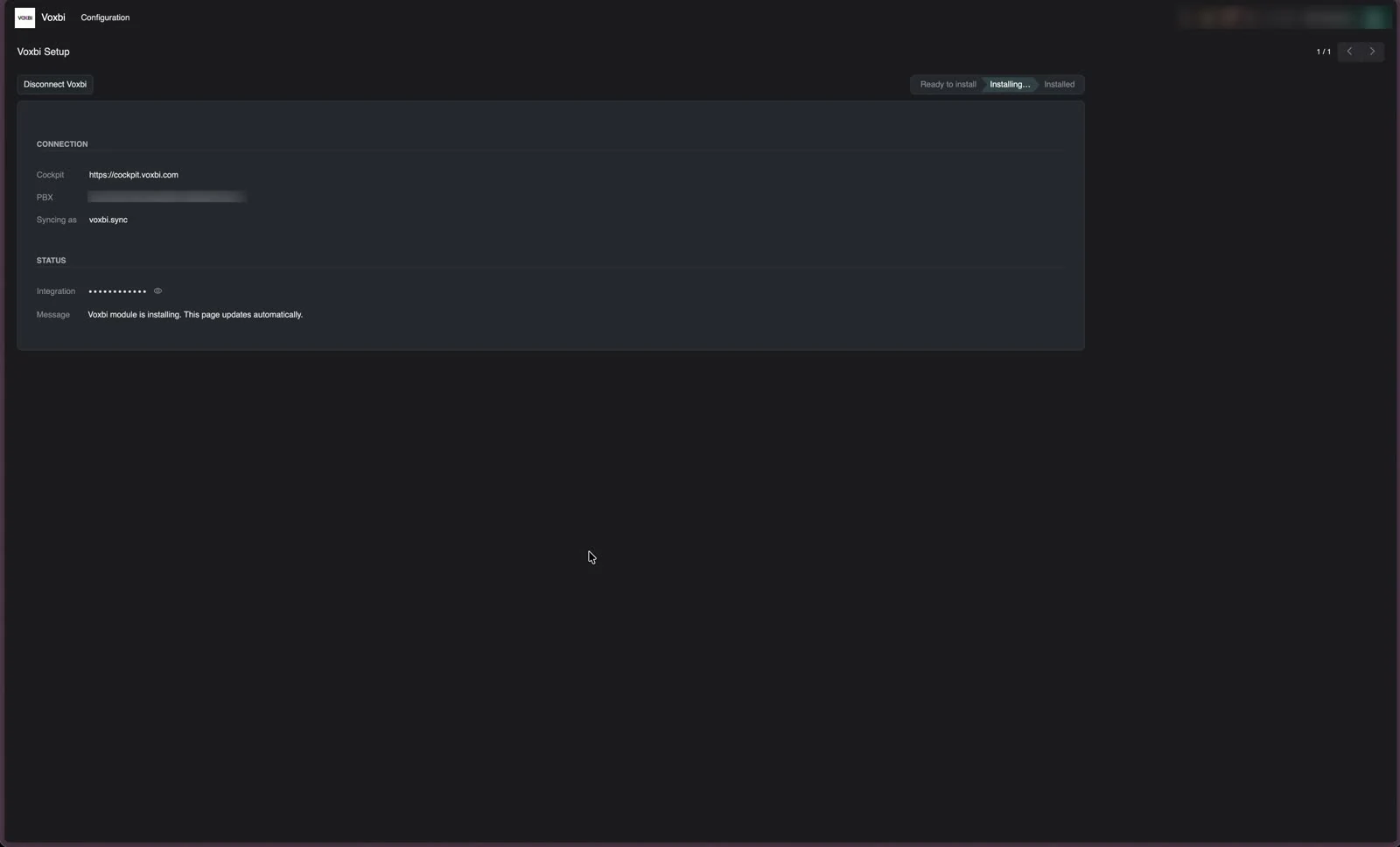 Voxbi Setup in Odoo während der Installation, mit der Cockpit-Verbindung, dem Synchronisierungsbenutzer und der Installationsmeldung.