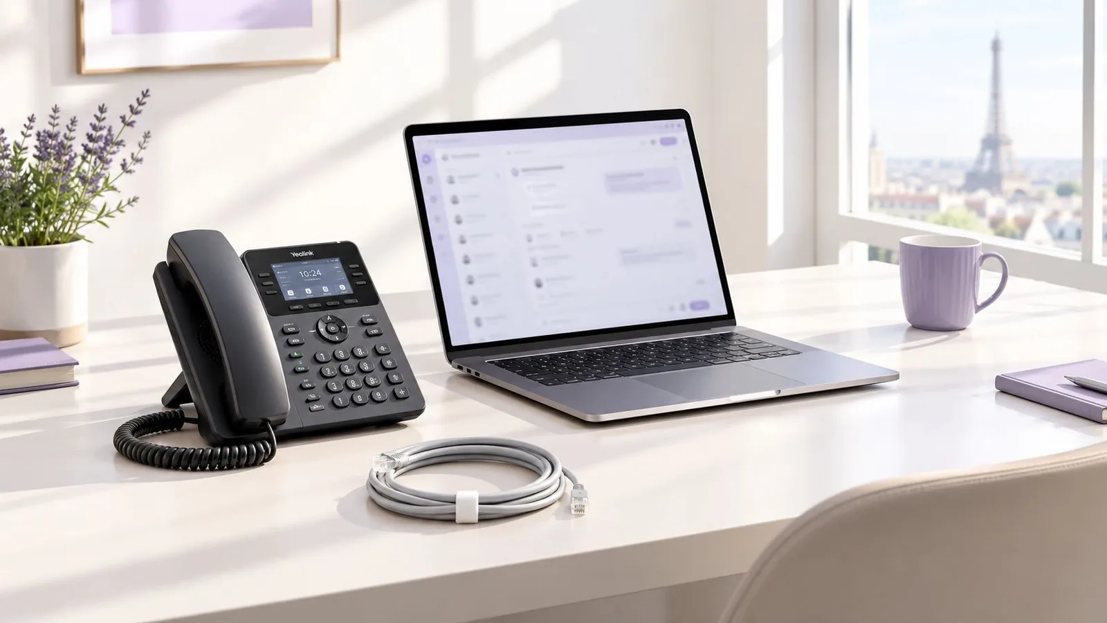 Un bureau moderne avec un téléphone VoIP Yealink, un ordinateur portable et une vue sur Paris.