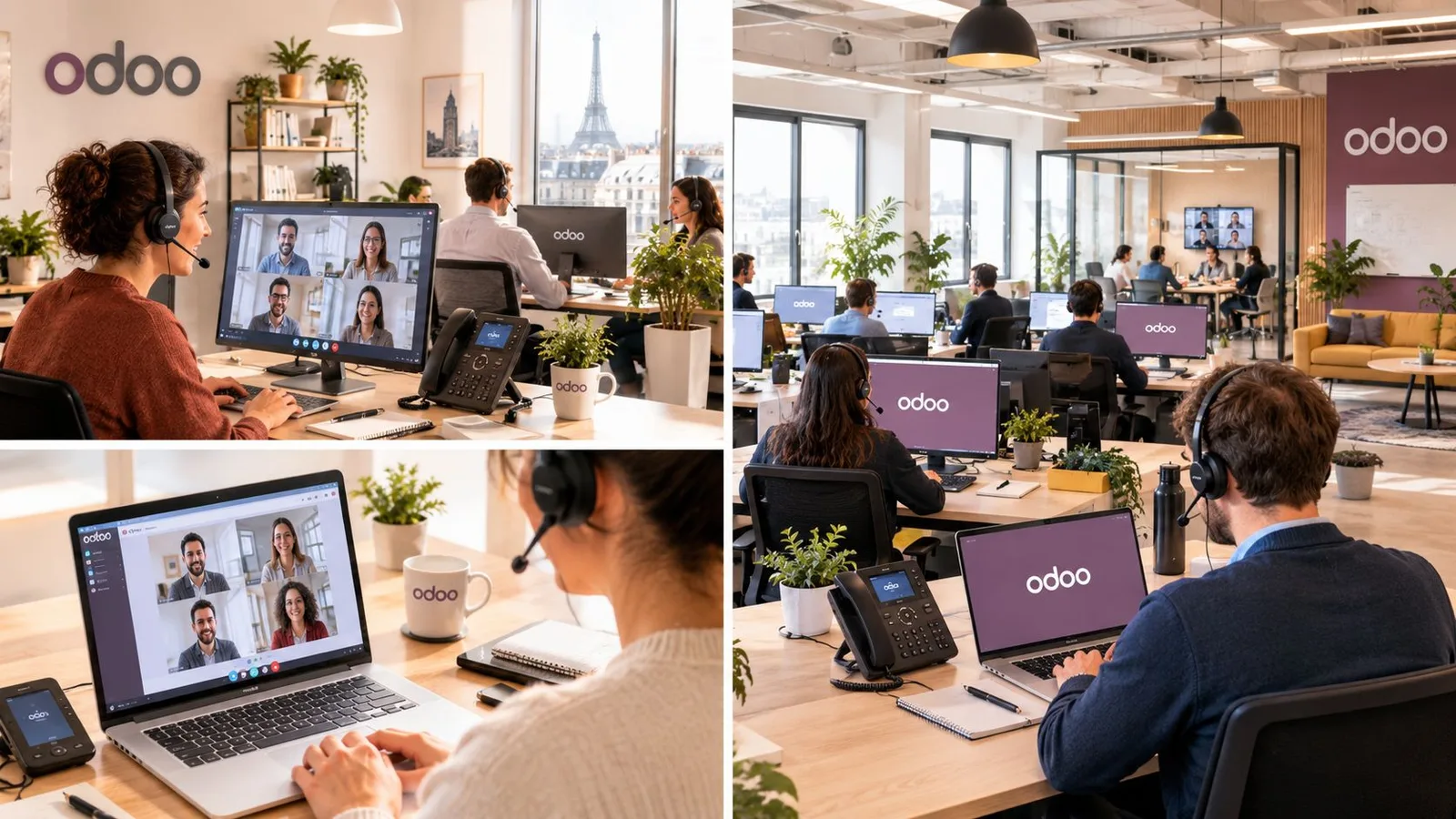 Des employés travaillant dans des bureaux modernes avec des logiciels Odoo sur leurs ordinateurs et casques téléphoniques.