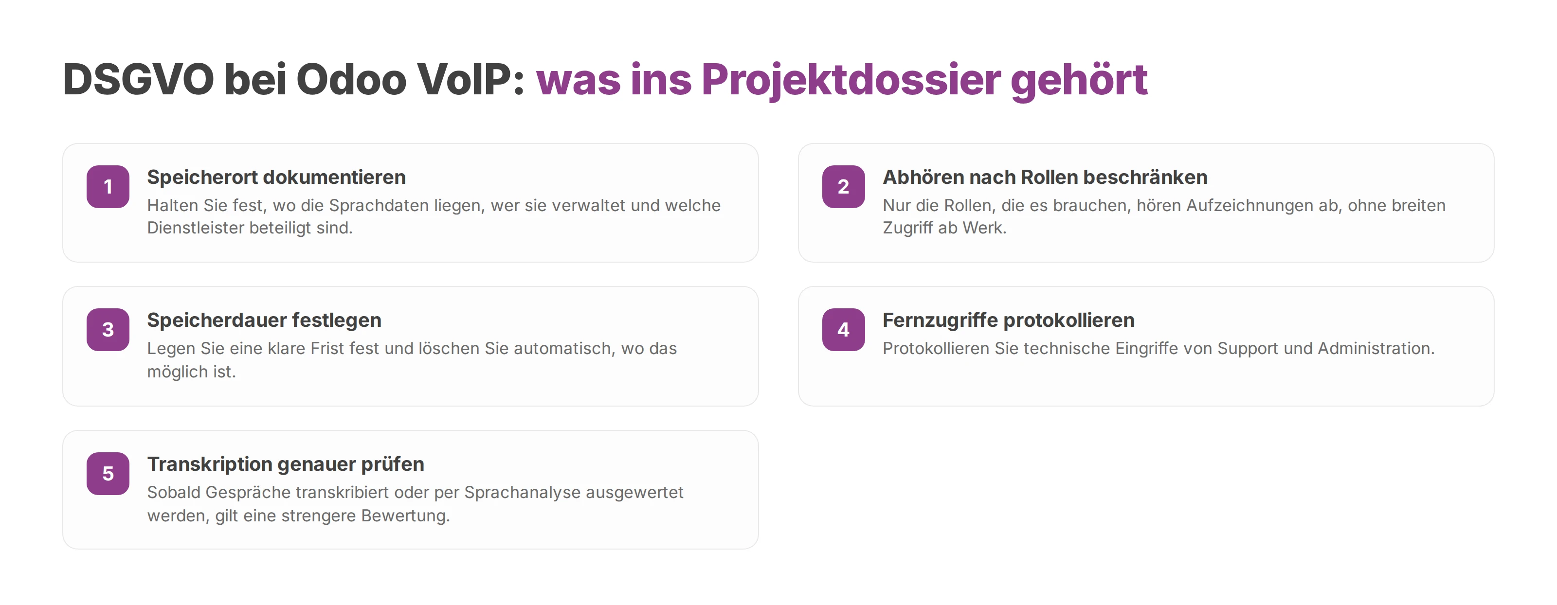 Checkliste mit fünf Punkten für das Datenschutz-Projektdossier zur Telefonie in Odoo