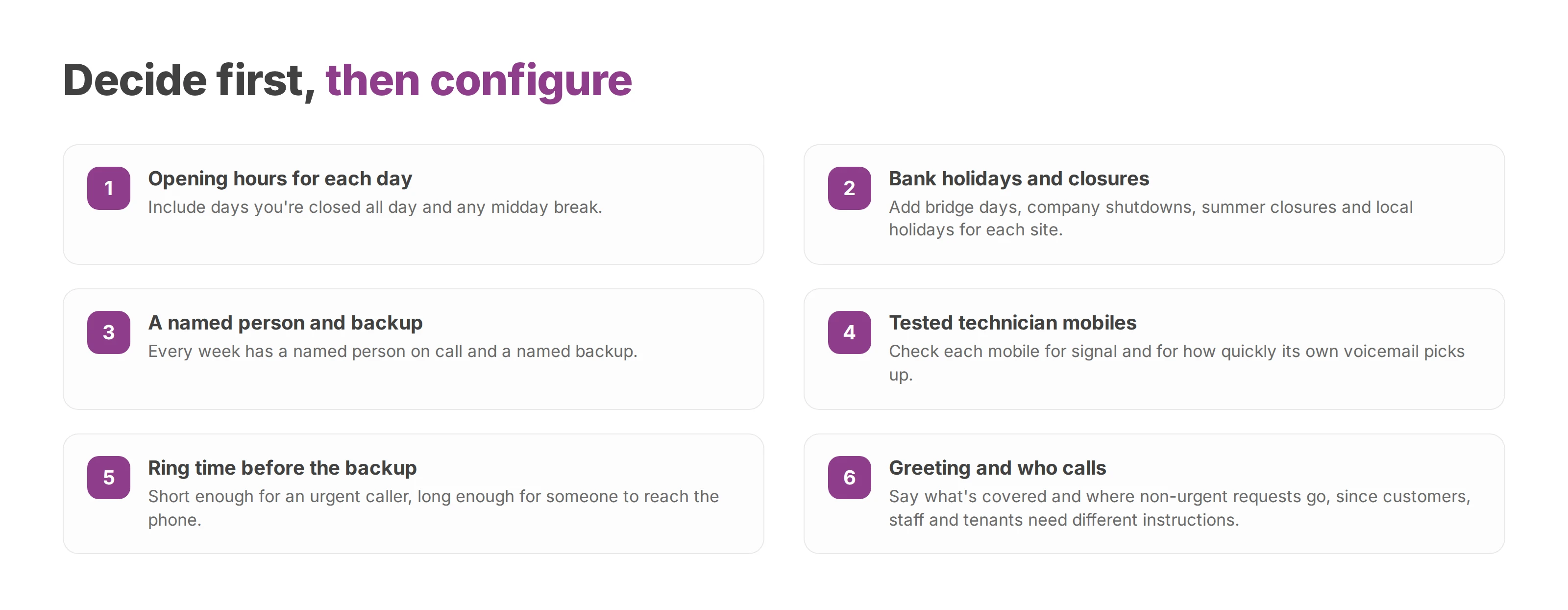 Checklist of six decisions to sign off before configuring an on call phone number