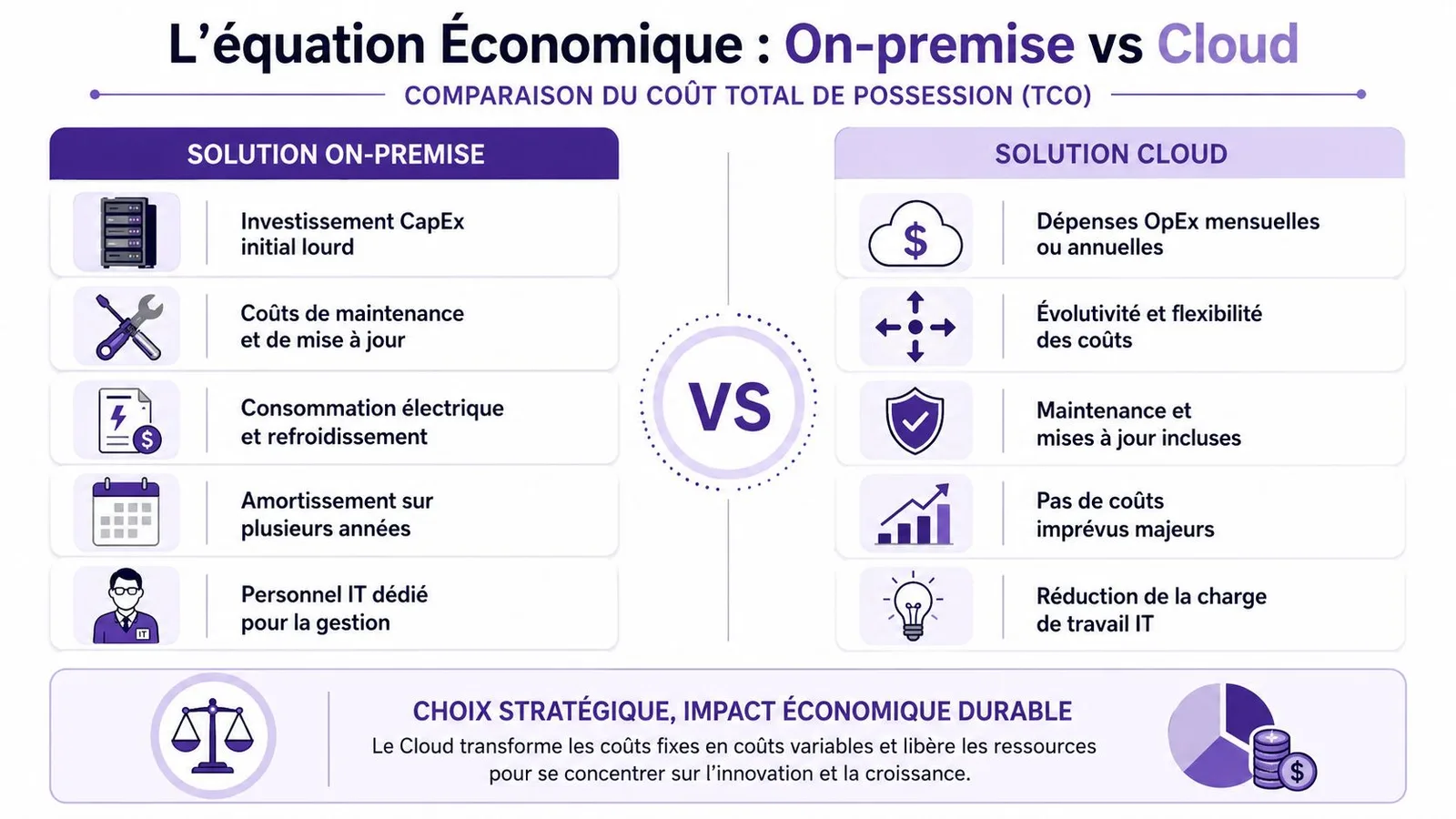 Comparaison infographique du coût total de possession entre les solutions informatiques on-premise et les services cloud.