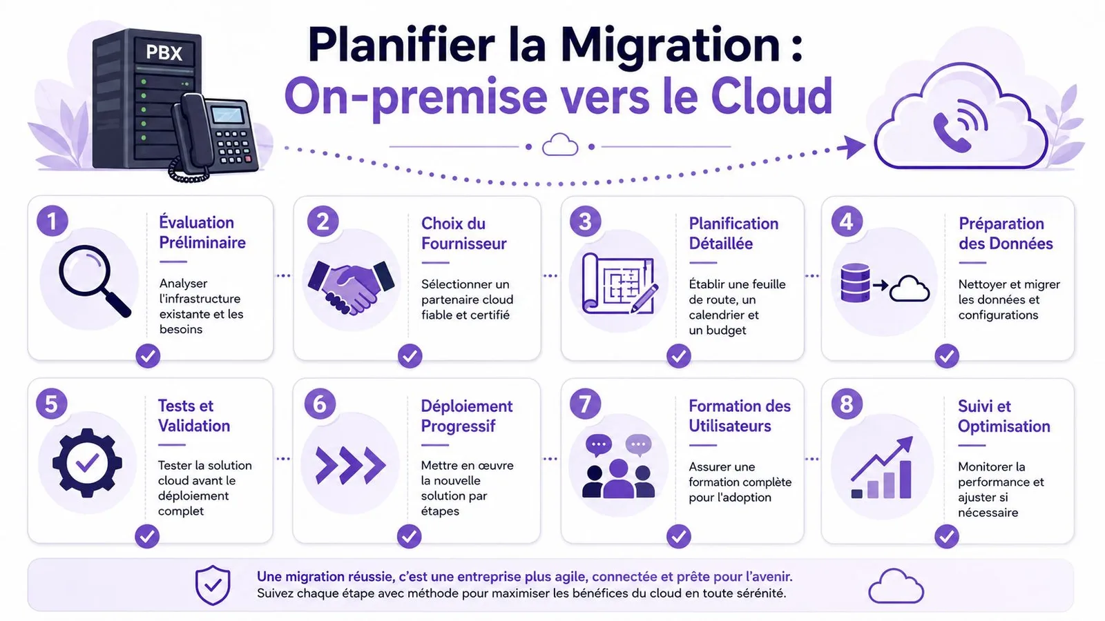 Infographie détaillant les huit étapes clés pour planifier la migration d'un système PBX on-premise vers le cloud.
