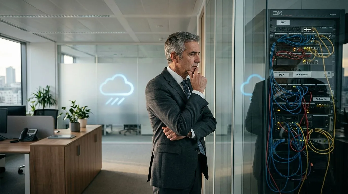 Un homme d'affaires réfléchi regardant un serveur physique en entreprise, illustrant le dilemme entre cloud et infrastructure sur site.