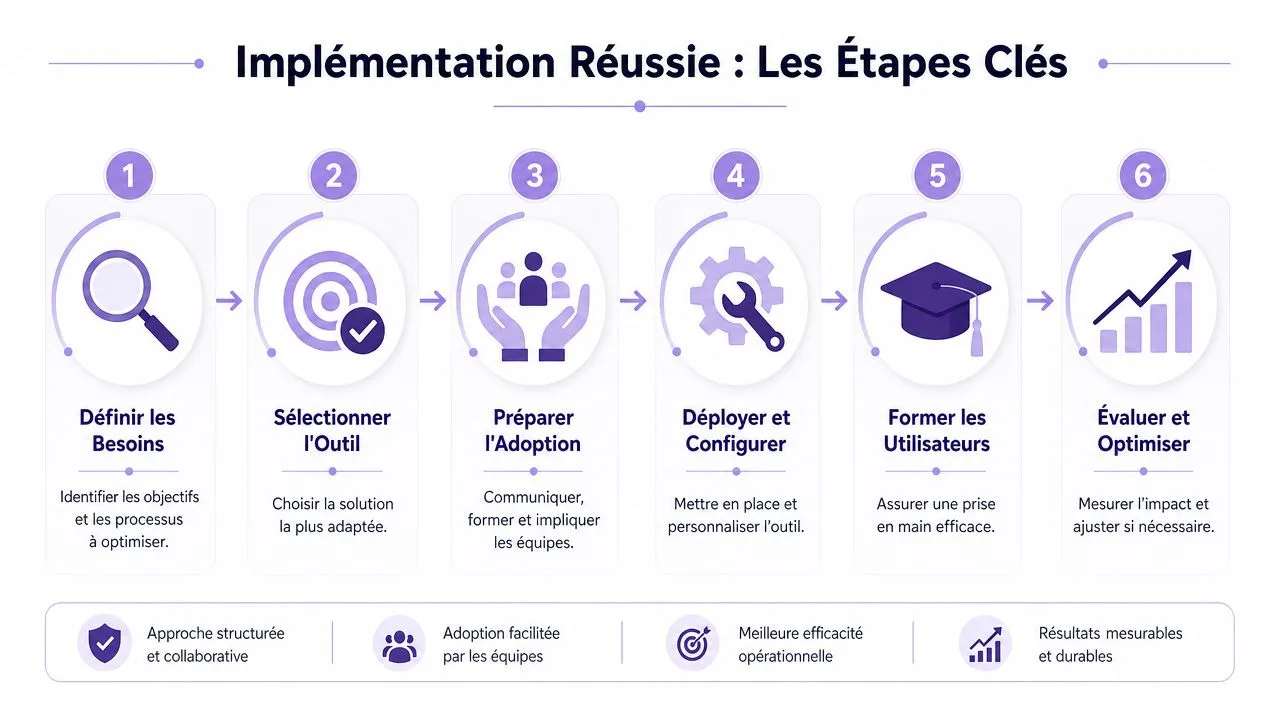 Infographie illustrant les six étapes clés pour réussir l'implémentation d'un outil de travail collaboratif en entreprise.