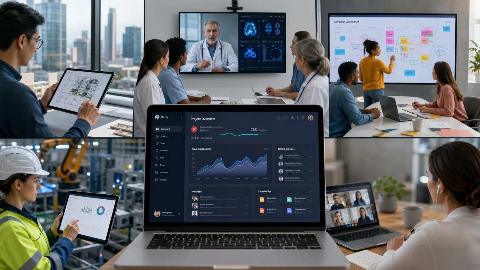 Une équipe professionnelle utilise divers outils numériques et logiciels de gestion pour une collaboration efficace au travail.