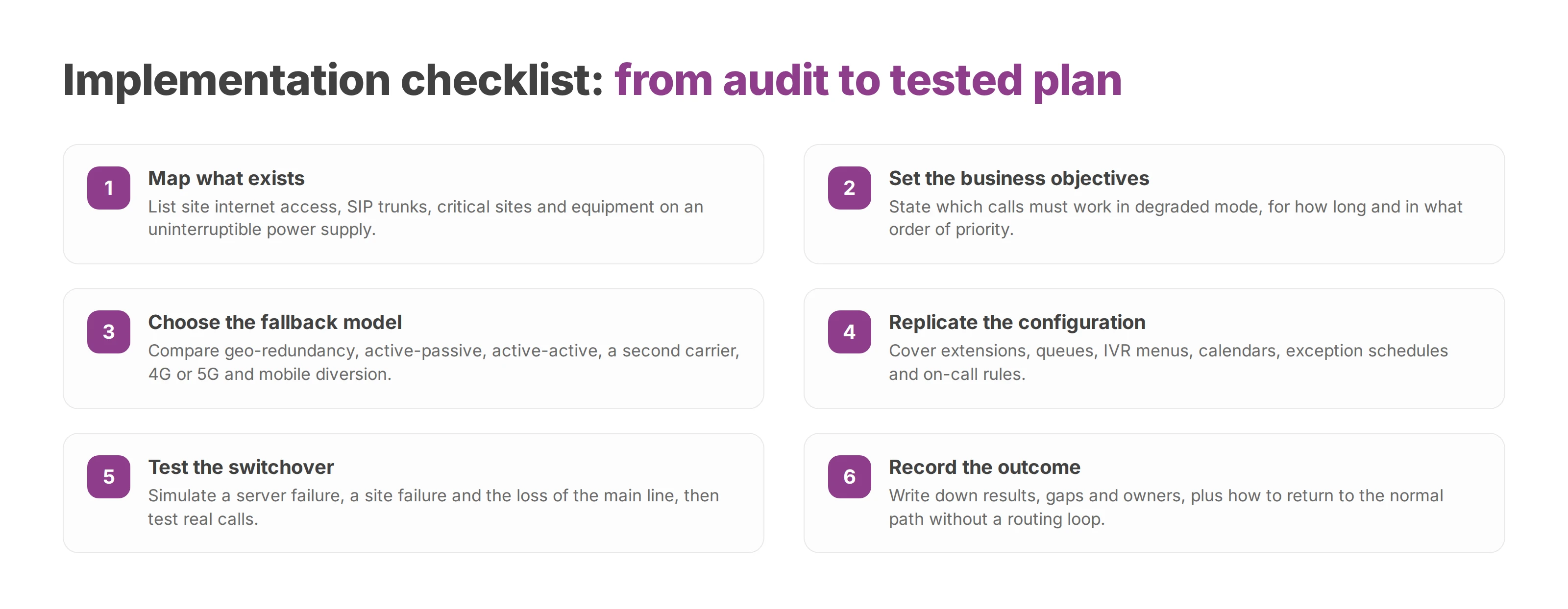 Six-step checklist for PBX continuity, from mapping the current setup to testing the switchover and recording the results
