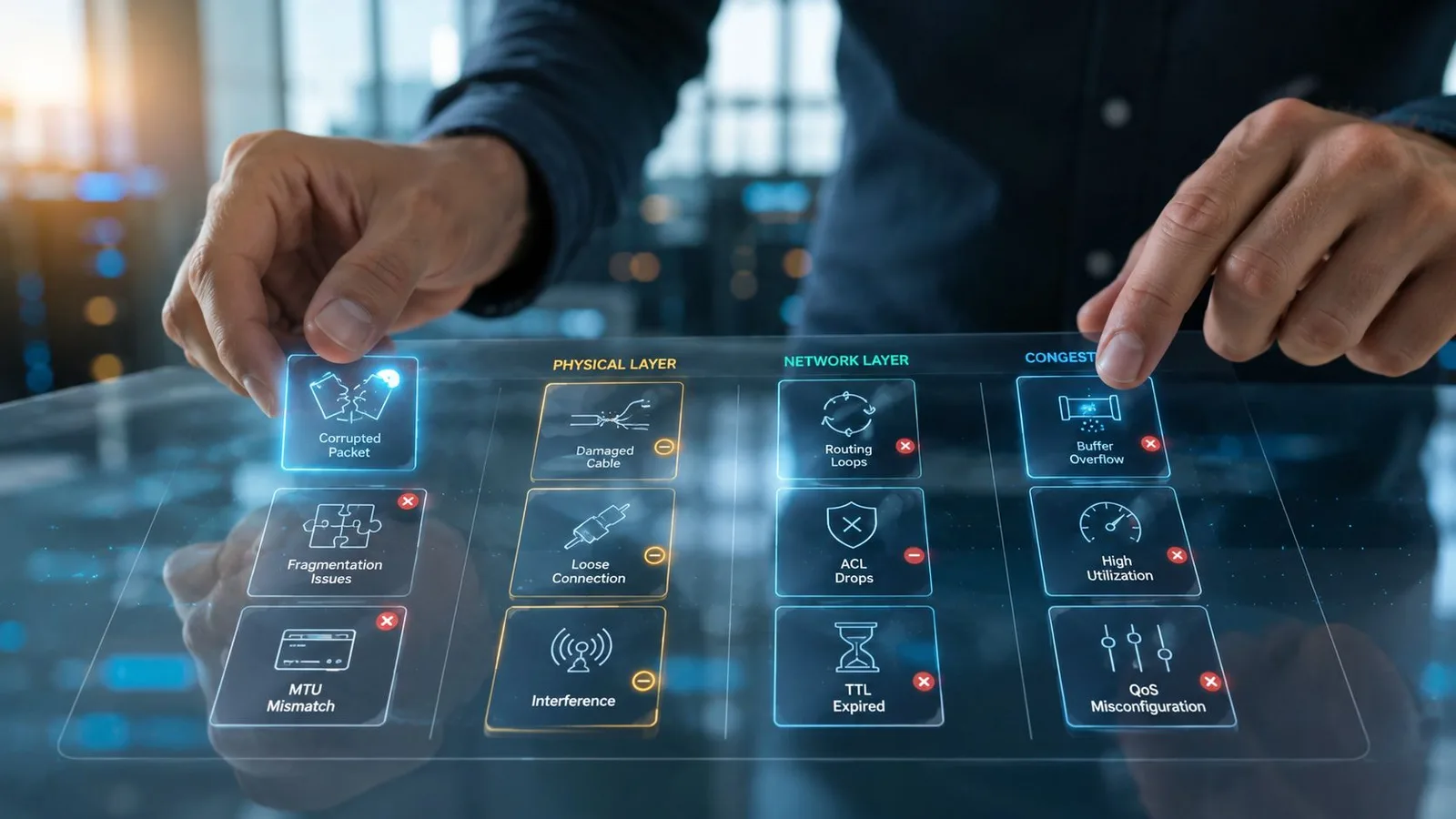 Une personne interagit avec une interface numérique tactile affichant des problèmes de réseau informatique comme la perte paquet.