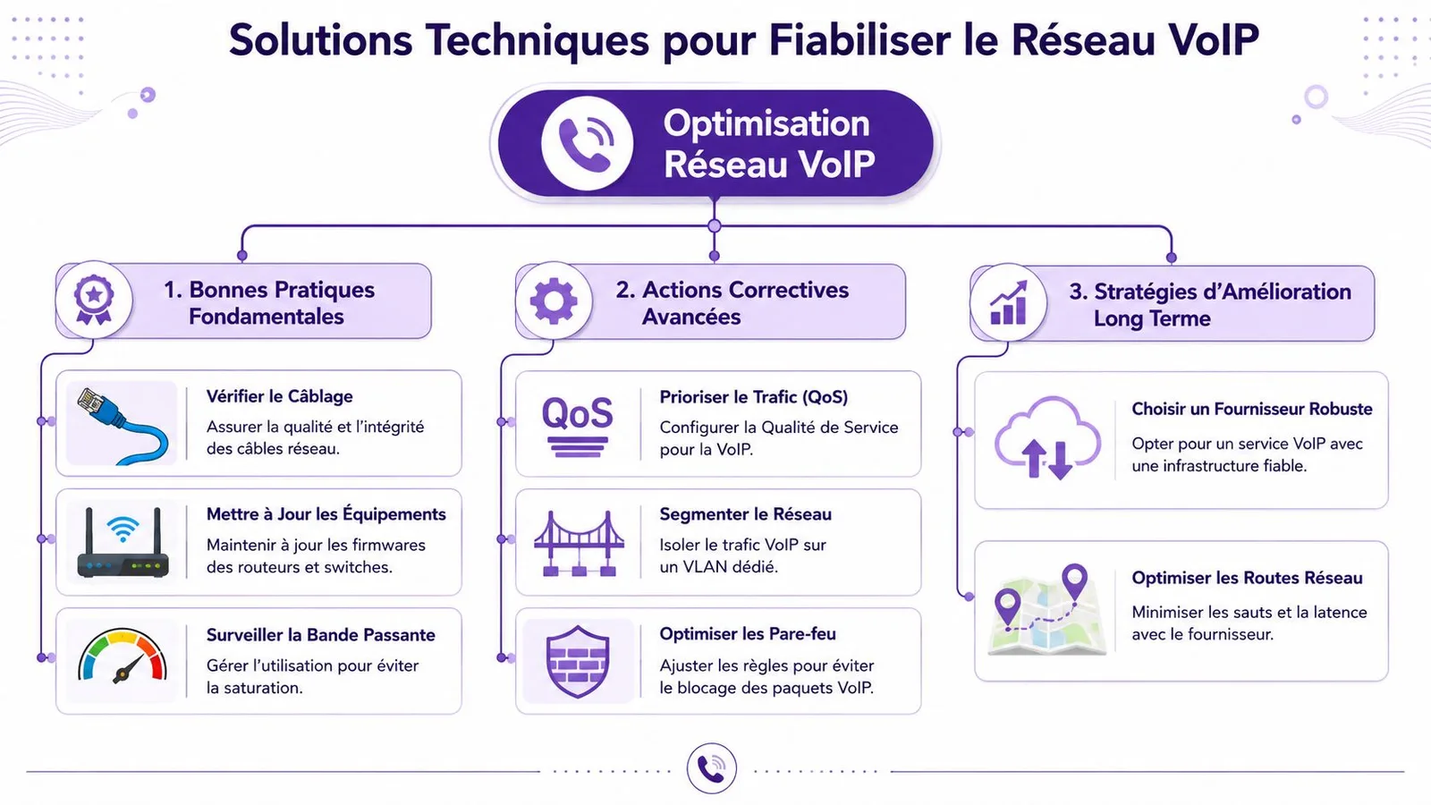 Infographie illustrant des solutions techniques pour optimiser et fiabiliser la performance d'un réseau VoIP professionnel.