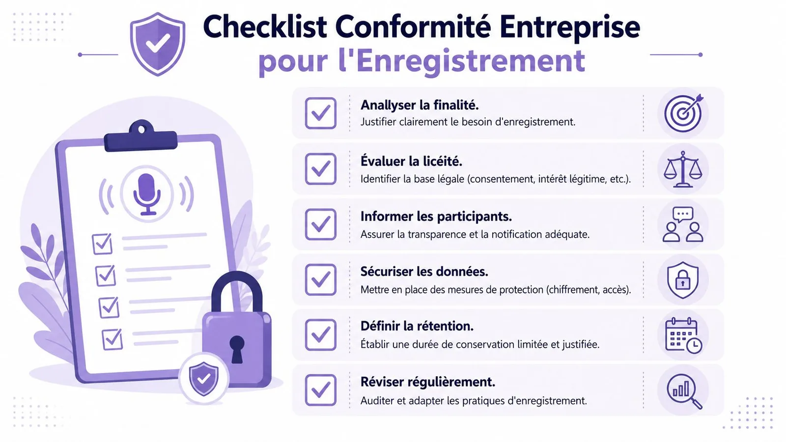 Check-list de conformité pour l'enregistrement d'une conversation professionnelle en entreprise respectant les règles de confidentialité.