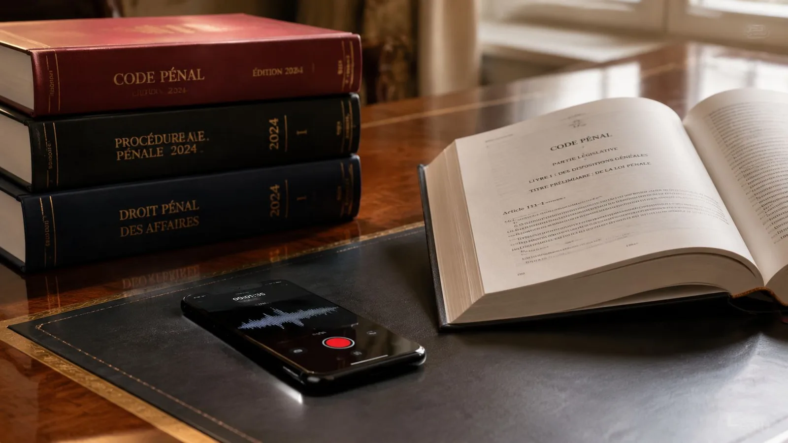 Livres de droit français, code pénal et un smartphone posé sur un bureau en bois sombre.