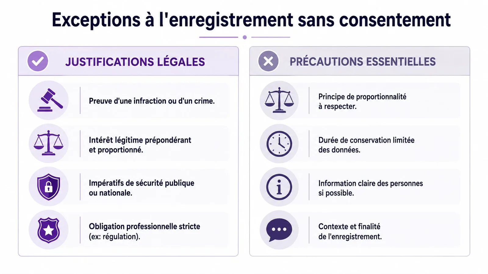 Tableau récapitulatif présentant les justifications légales et les précautions essentielles pour l'enregistrement sans consentement d'une conversation.