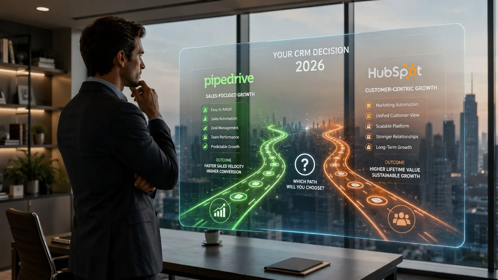 Un homme d'affaires regarde un écran holographique comparant Pipedrive et HubSpot pour la planification stratégique 2026.