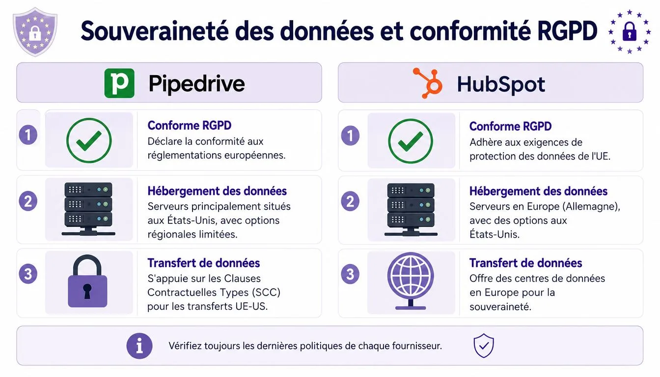 Tableau comparatif sur la conformité RGPD et la souveraineté des données entre Pipedrive et HubSpot.