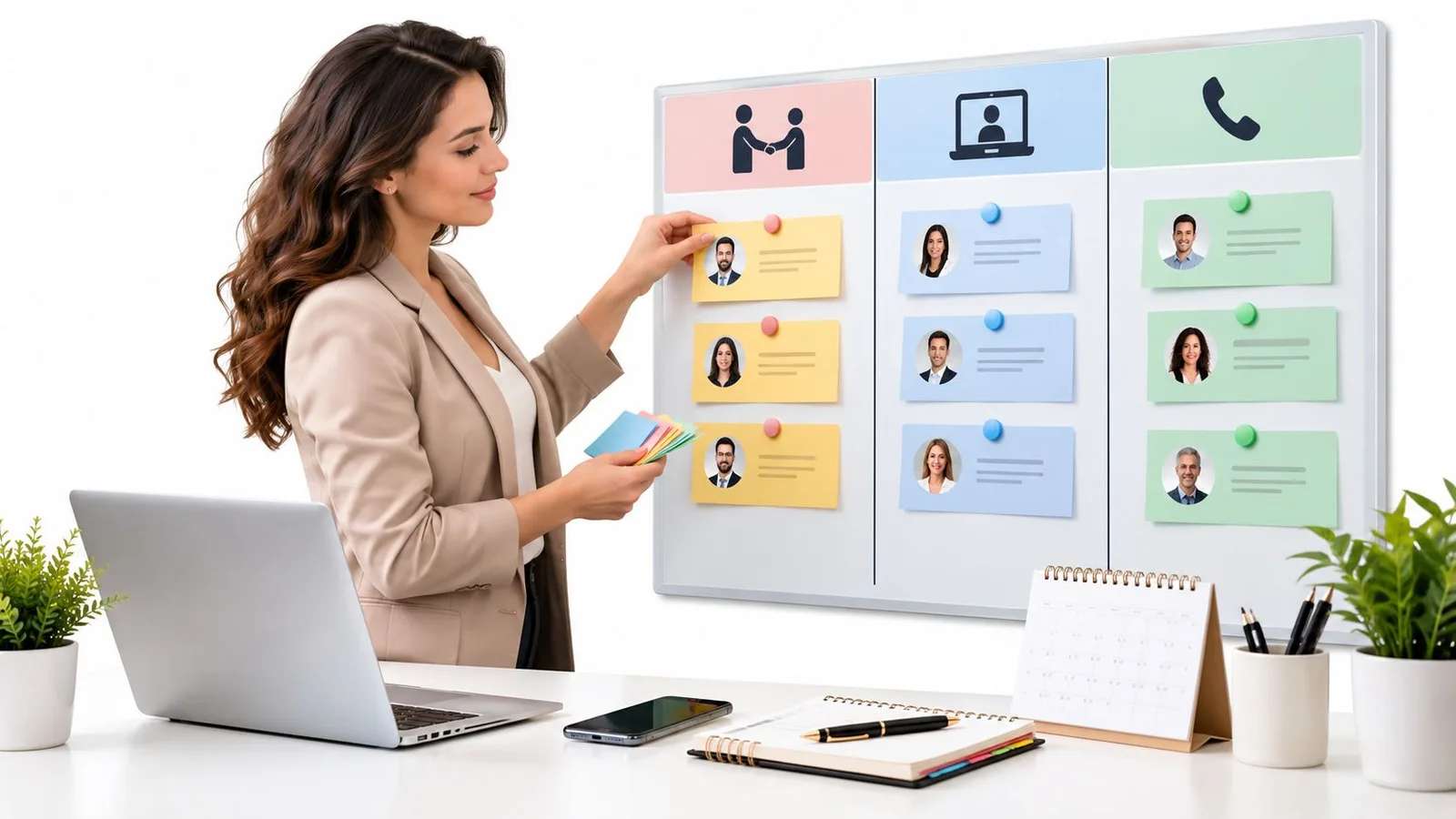 Une professionnelle organisant des fiches de contact sur un tableau blanc avec un ordinateur portable sur bureau.
