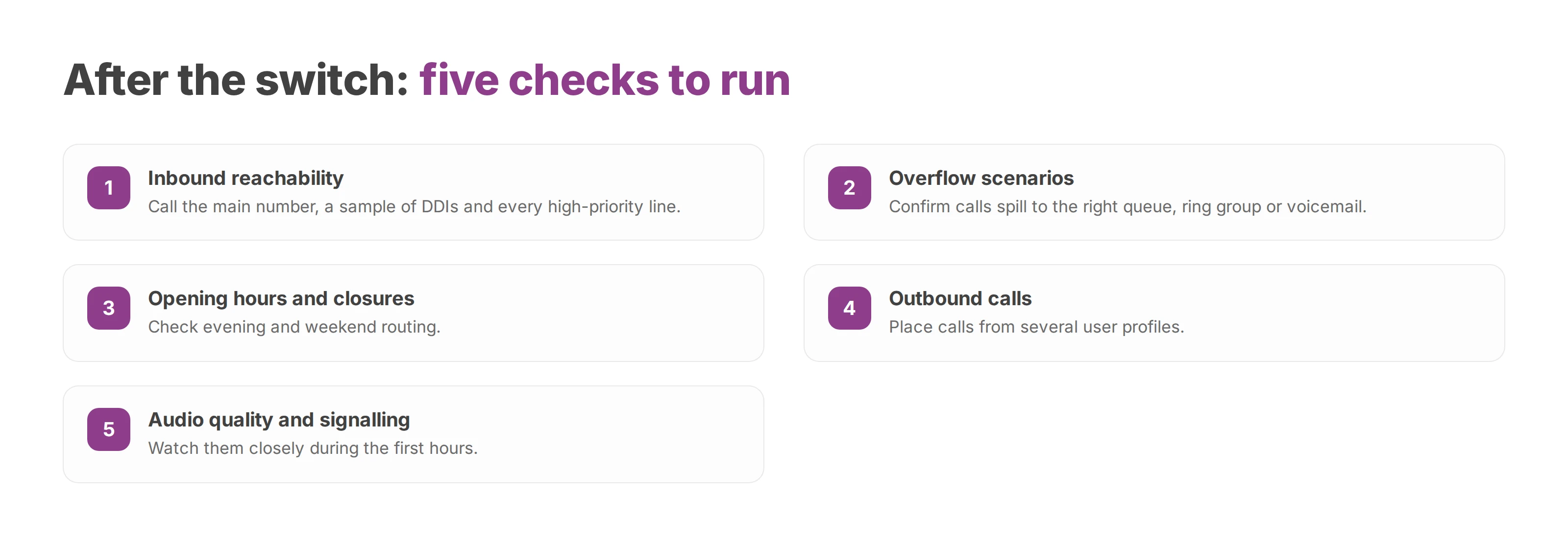 Numbered checklist of five checks to run once the numbers have switched to the new platform
