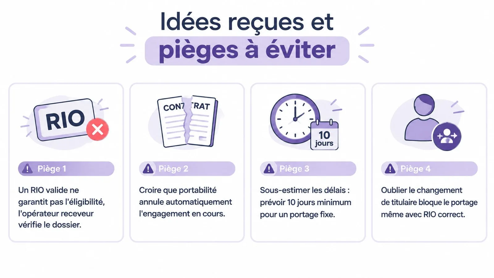 Infographie illustrant quatre pièges fréquents à éviter lors de la procédure de portabilité de votre numéro mobile.