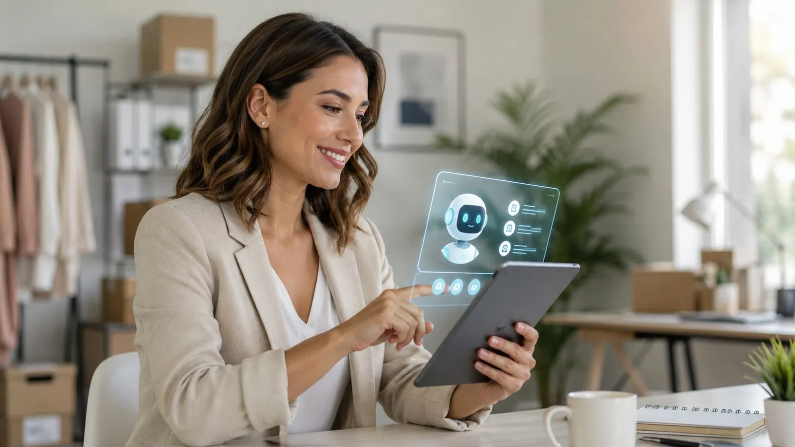 Une femme d'affaires souriante utilise une tablette avec une interface holographique représentant un assistant virtuel intelligent.